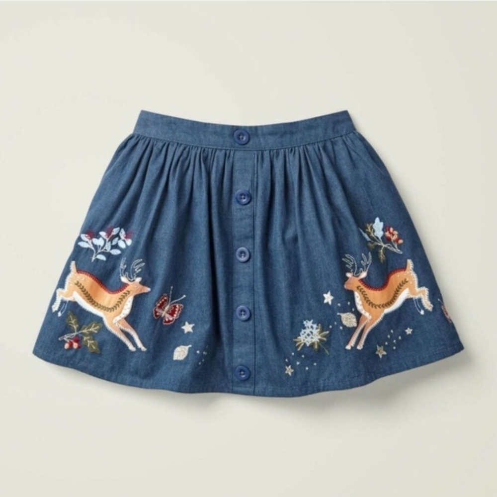 Mini Boden Blue Skirt with Embroidered Deer and Flowers
